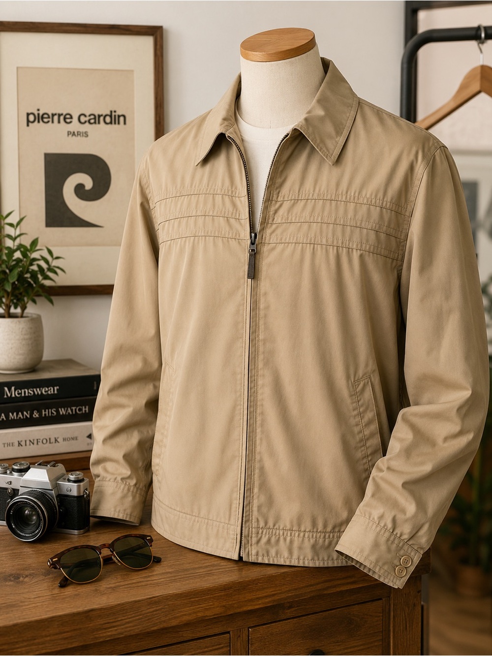 Vintage Pierre Cardin Men’s Lightweight Zip Jacket Tan Khaki Size Medium Retro